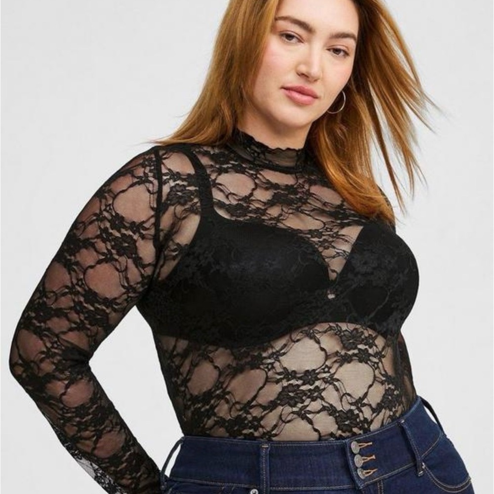 torrid Black Sheer Floral Lace Long-Sleeve Top